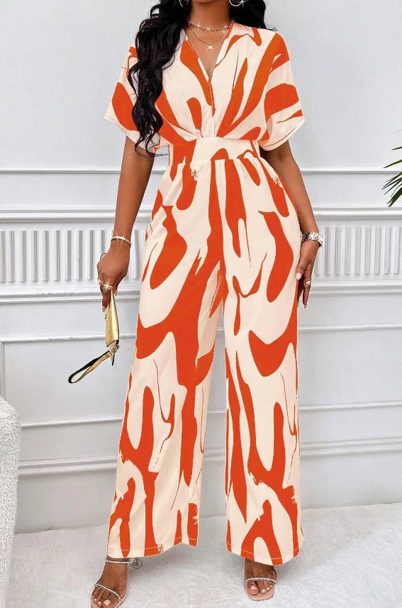 Women's V-Neck Short-Sleeve Printed Wide-Leg Jumpsuit