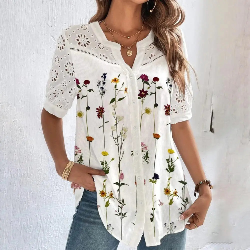 Women's Casual Loose Short-Sleeve Lace Shirt, Elegant Holiday Blouse