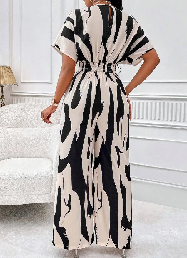 Women's V-Neck Short-Sleeve Printed Wide-Leg Jumpsuit