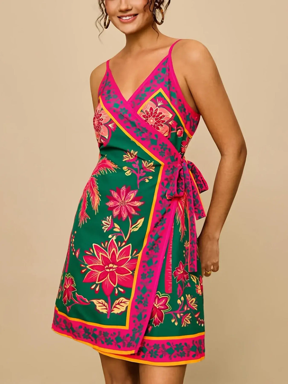 Women's Plus Size Ethnic Print Halter V-Neck Holiday Dress