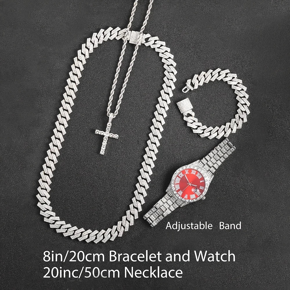 Men's Bling Quartz Watch and Cuban Chain Necklace Set