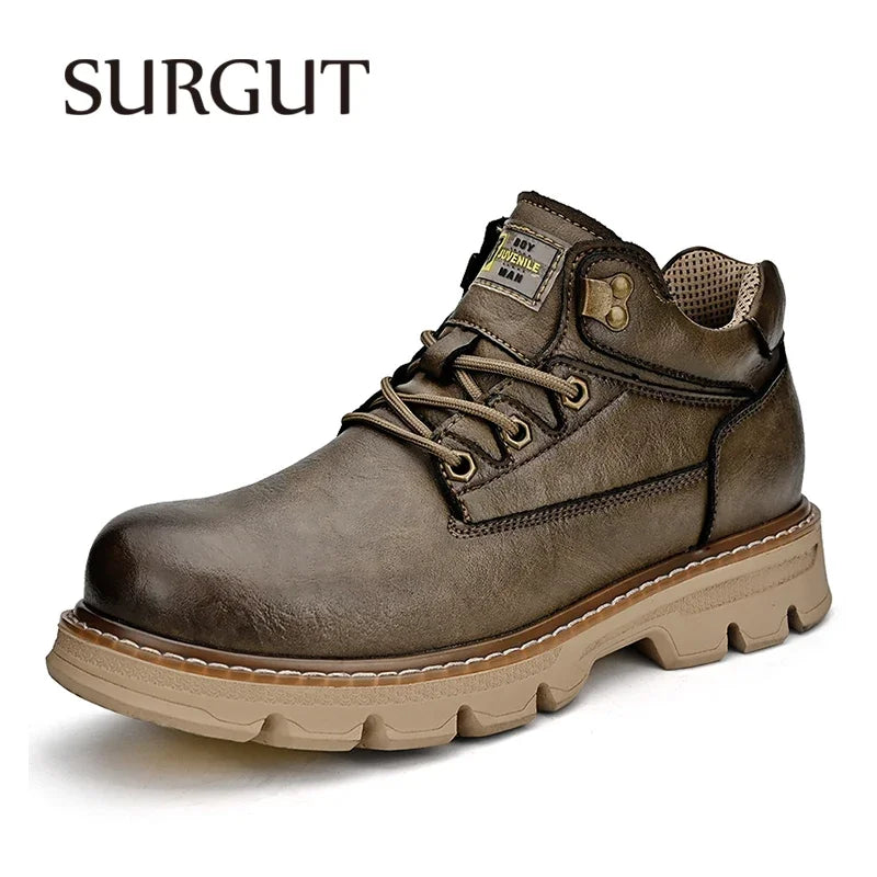 Men's Leather Ankle Motorcycle Boots, Handmade Lace-Up Waterproof