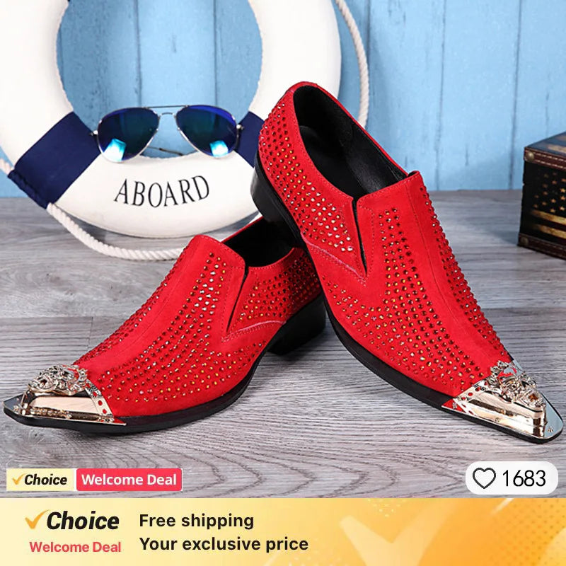 Men's Red Pointed Toe Crystal Leather Dress Shoes