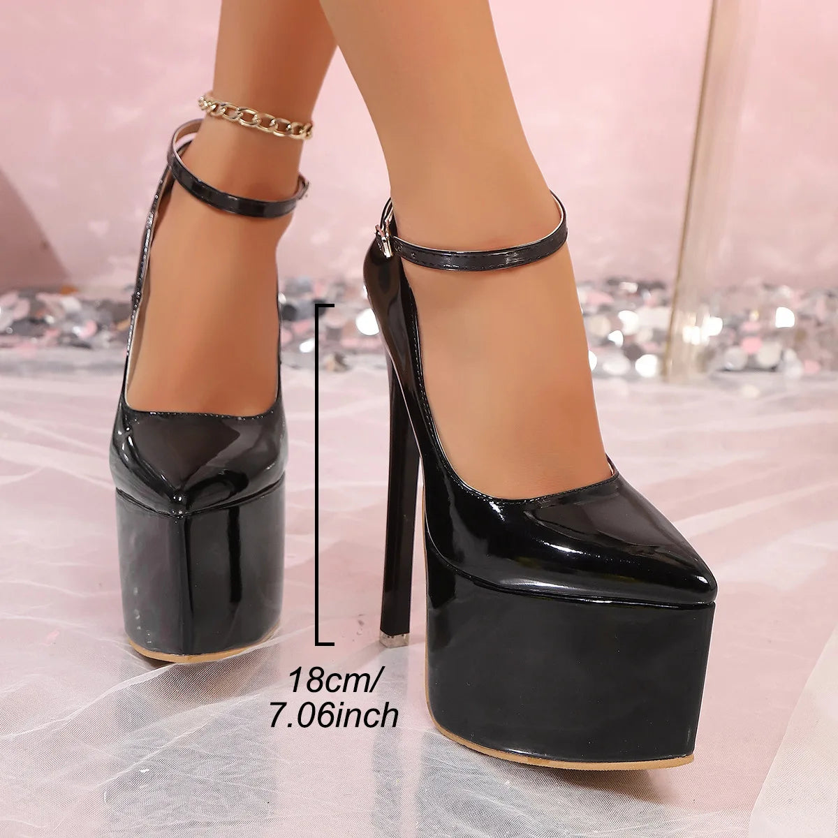 Women's Patent Leather One-Strap Thick Sole High Heel Shoes