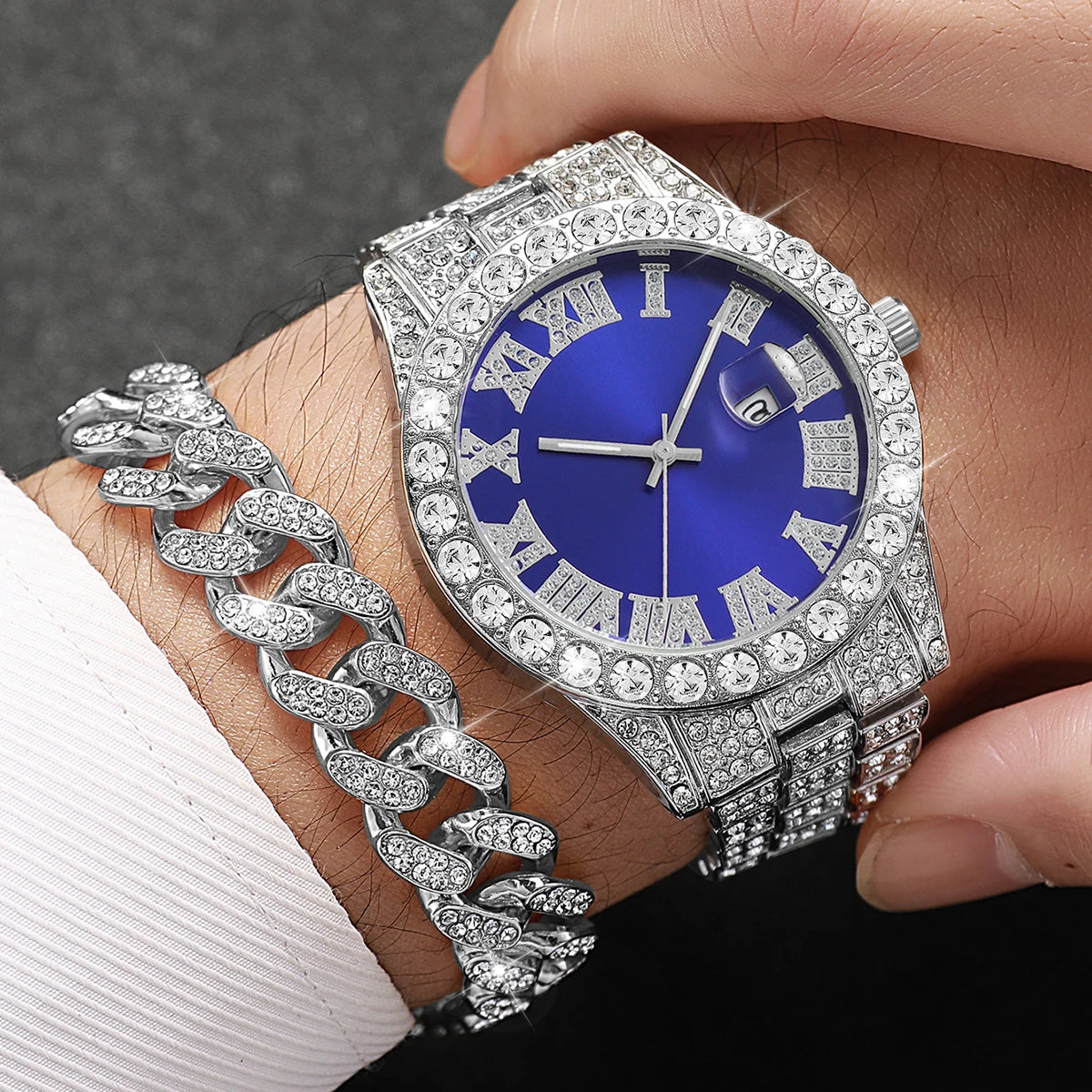 Men's 3-Piece Diamond Quartz Watch, Bracelet and Necklace Set