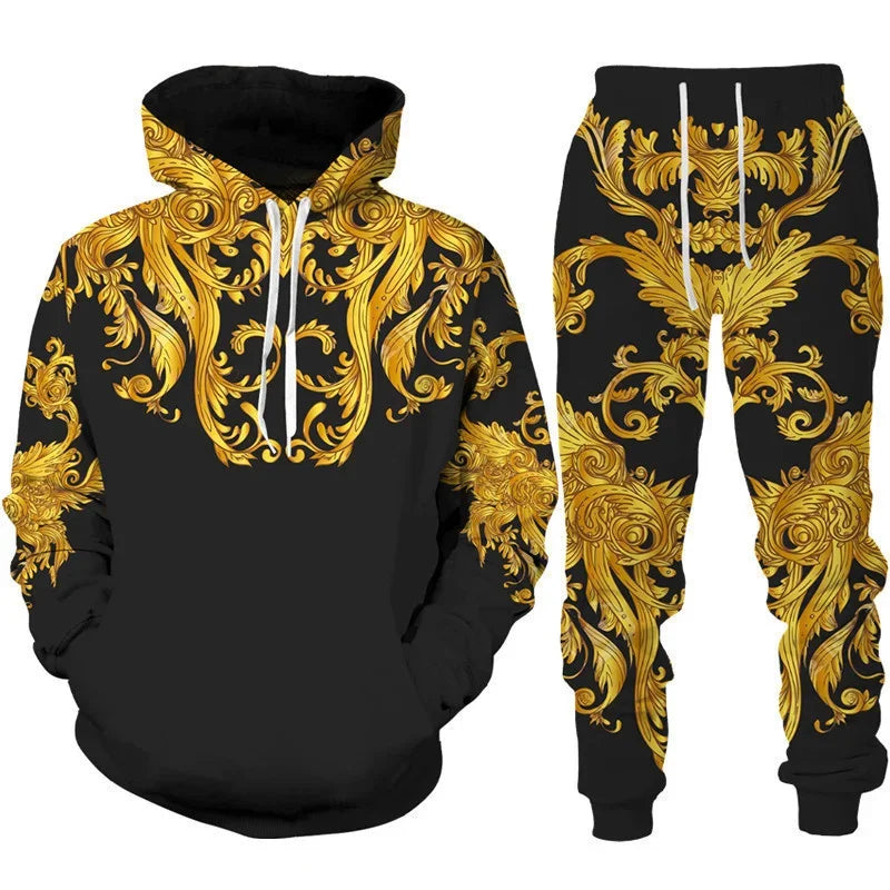 Men's Baroque Golden Flower 3D Print Hoodie and Trousers Set