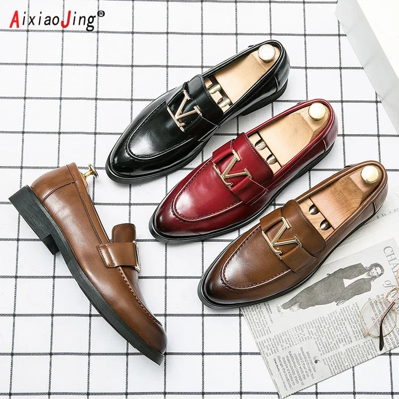 Men's Pointed Toe Leather Buckle Dress Loafers