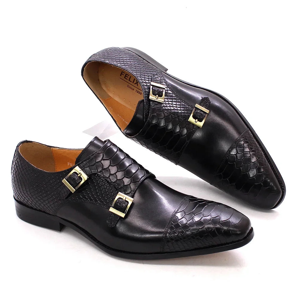 Men's Leather Double Buckle Monk Strap Snake Print Dress Shoes