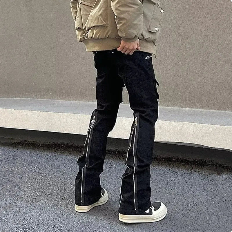 Men's Black Flared Zipper Cargo Jeans