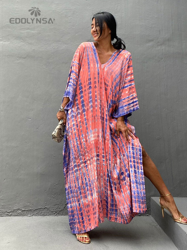 Women's Bohemian Printed V-Neck Batwing Split Maxi Dress