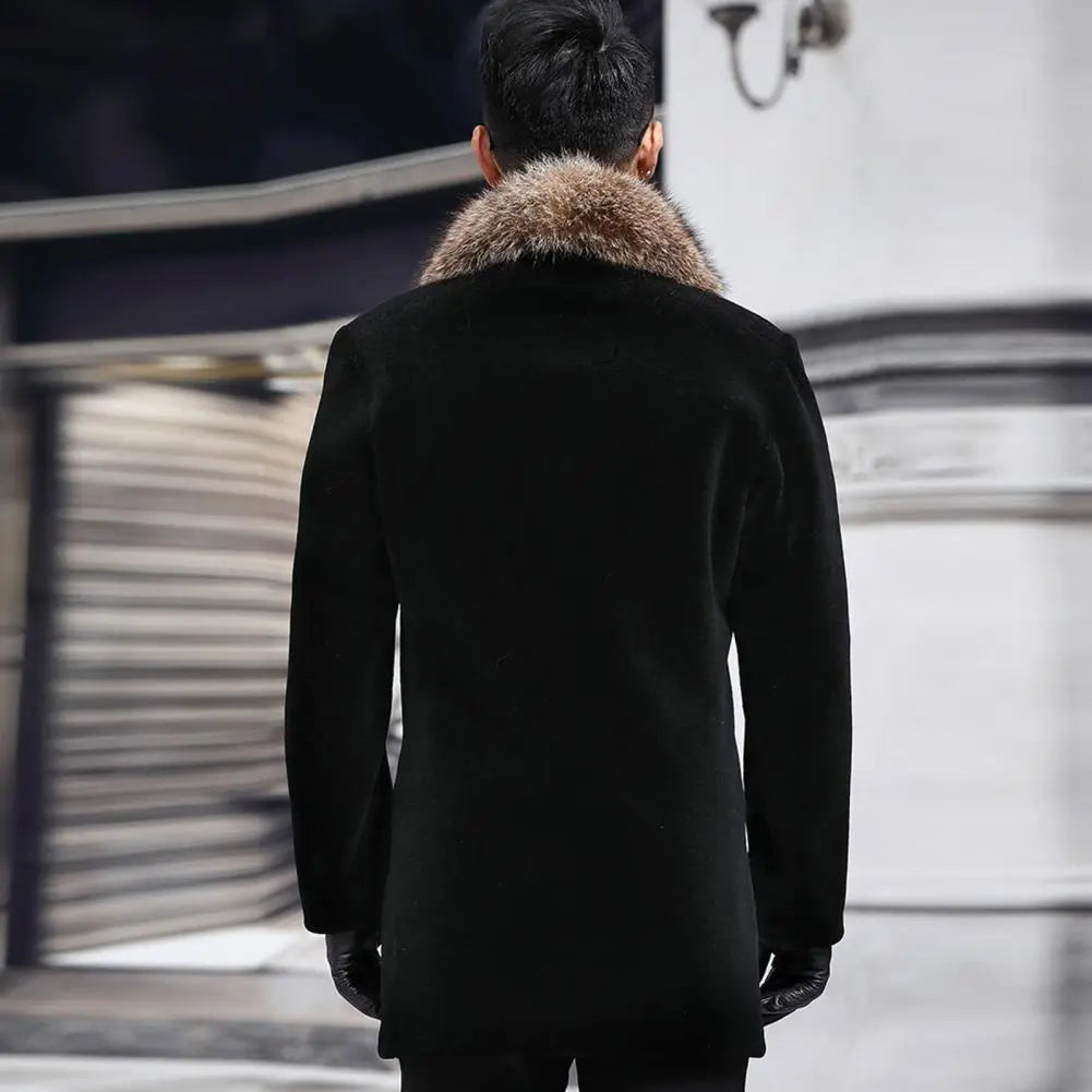 Men's Faux Fur Collar Thick Woolen Single-Breasted Coat
