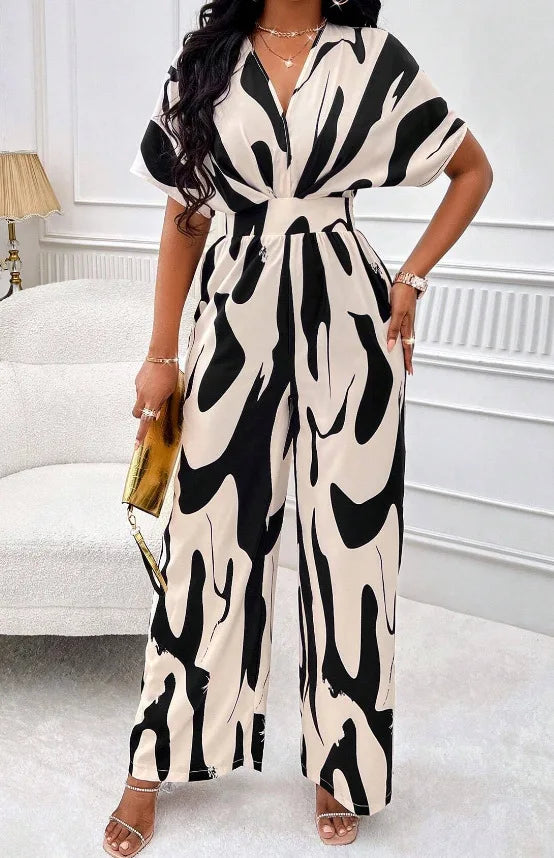 Women's V-Neck Short-Sleeve Printed Wide-Leg Jumpsuit