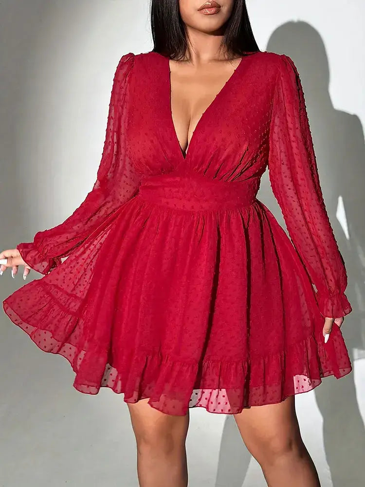 Women's Plus Size V-Neck Polka Dot A-Line Evening Dress