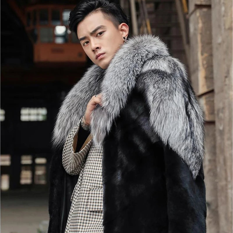 Men's Winter Silver Fox Fur-Collar Coat, Long Thick Warm Windbreaker