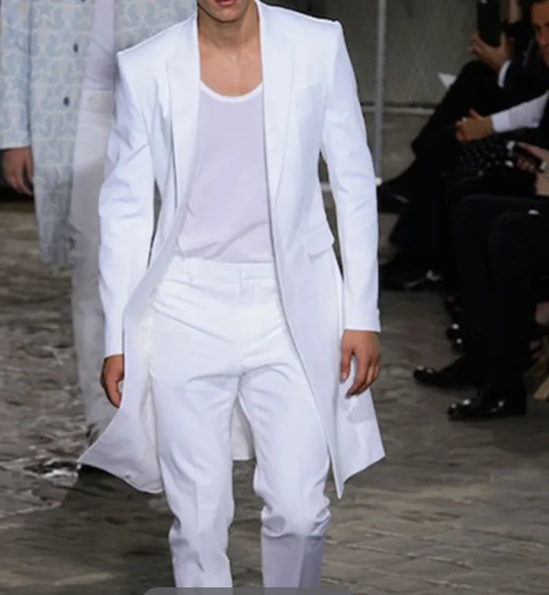 Men's White Long Jacket and Trousers Peaked-Lapel Wedding Tuxedo