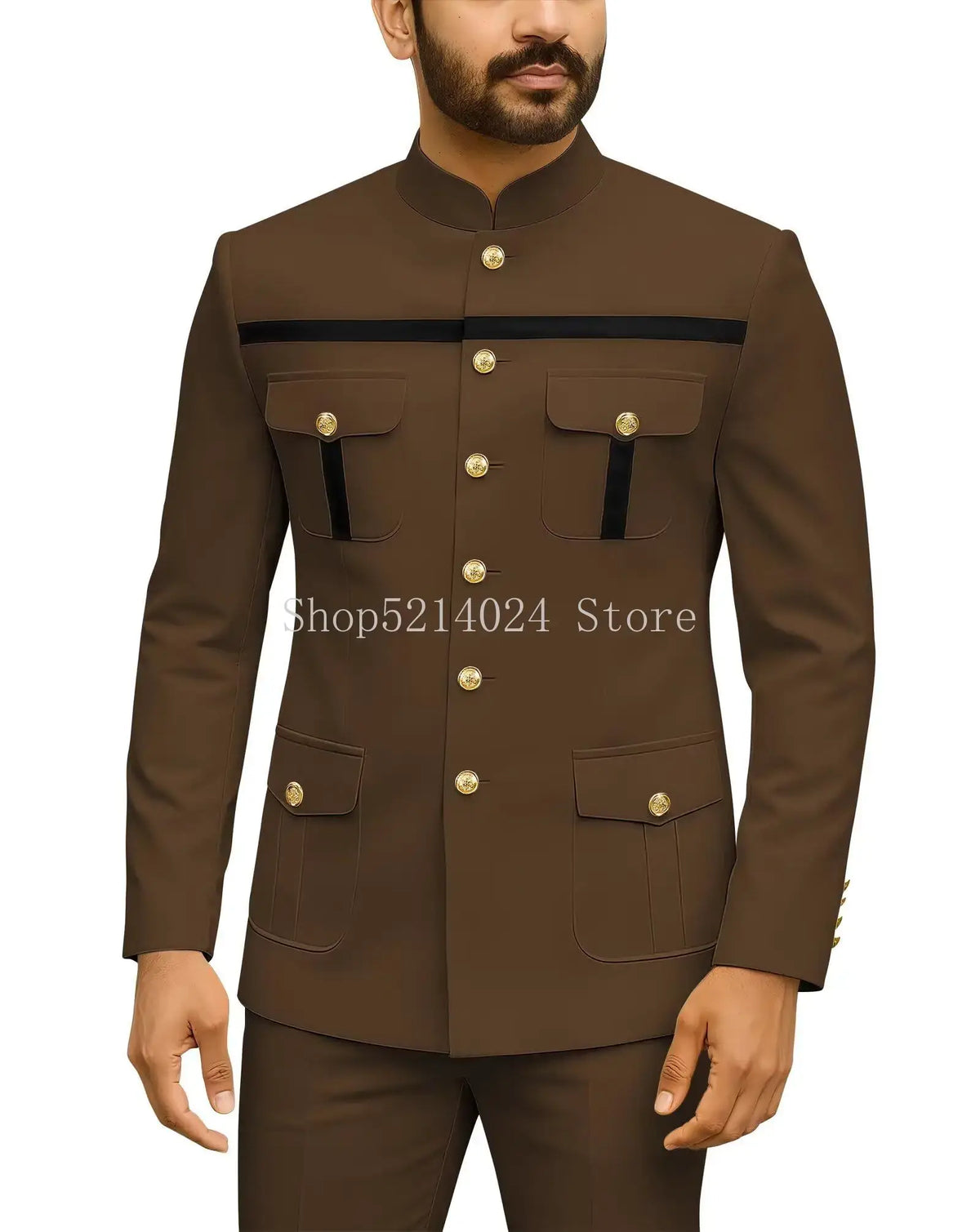 Mens Safari Suit 2 Piece Regular Fit Chinese Suit Stand Collar Gold Button Blazer Pants Set African Outfits