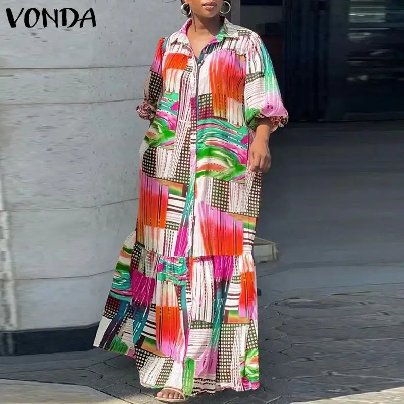 Women's Plus-Size 5XL Bohemian Printed Long Sleeve Vintage Maxi Dress