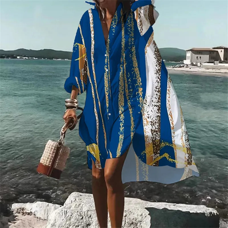 Women's Printed Lapel Long Sleeve Shirt Dress
