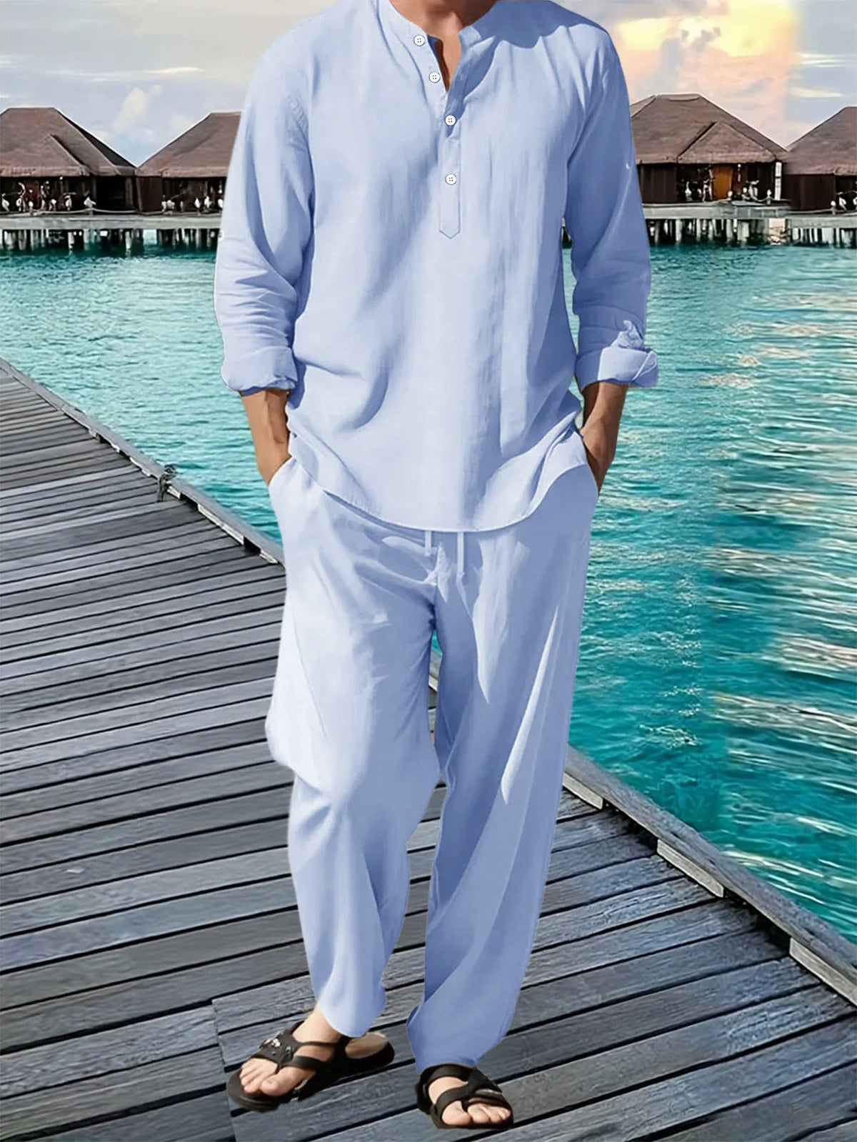 Men's Solid Hawaiian Beach Shirt and Jogger Pants Set