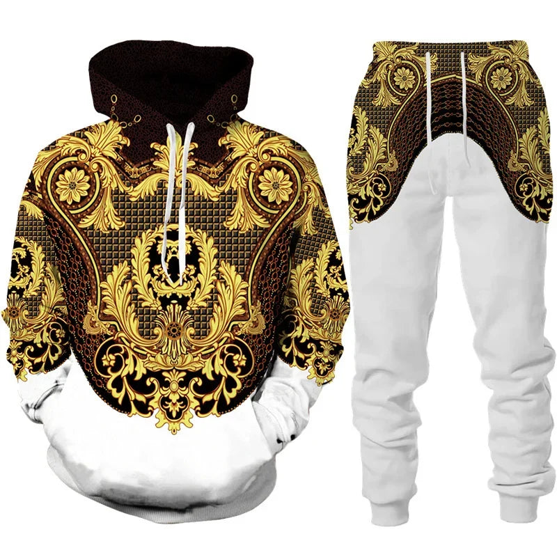 Men's Baroque Golden Flower 3D Print Hoodie and Trousers Set
