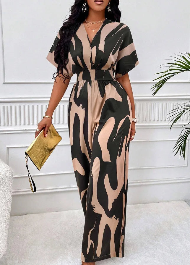Women's V-Neck Short-Sleeve Printed Wide-Leg Jumpsuit