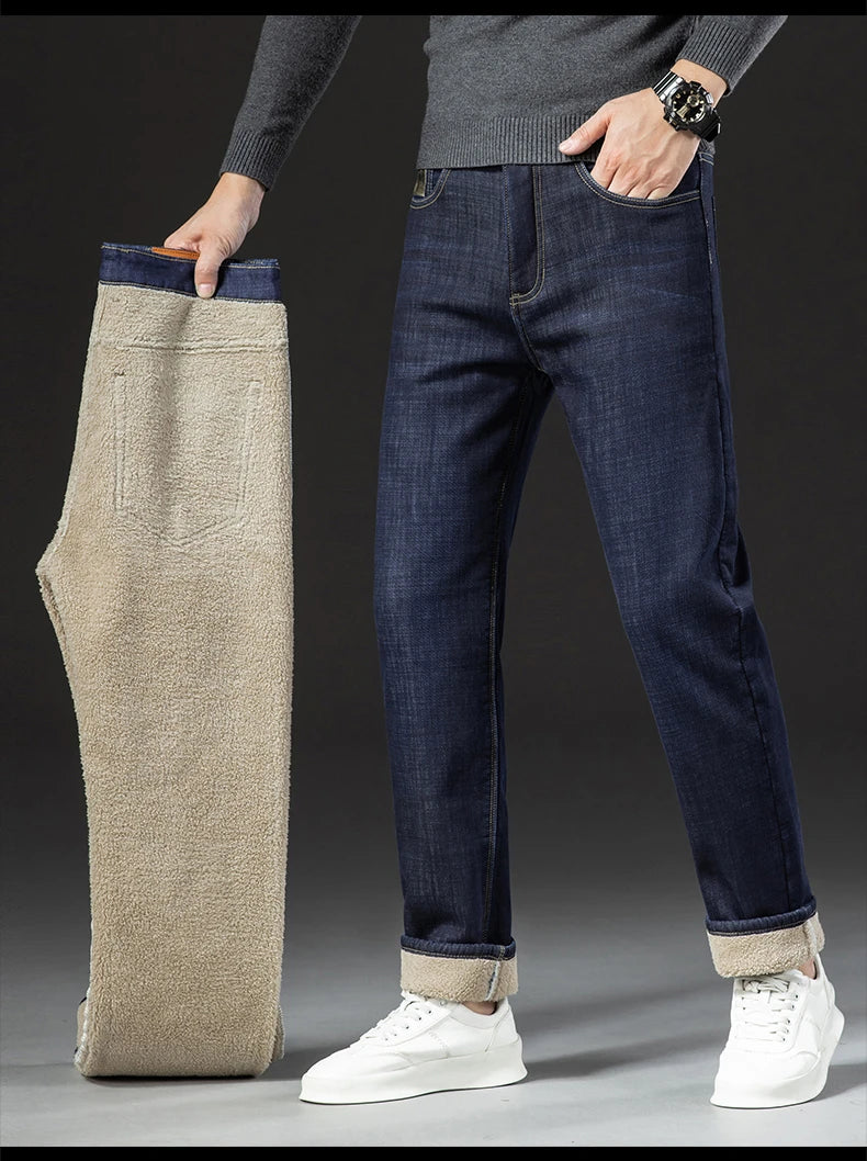 Men's Winter Fleece-Lined Lamb Denim Straight Stretch Jeans, Size 40