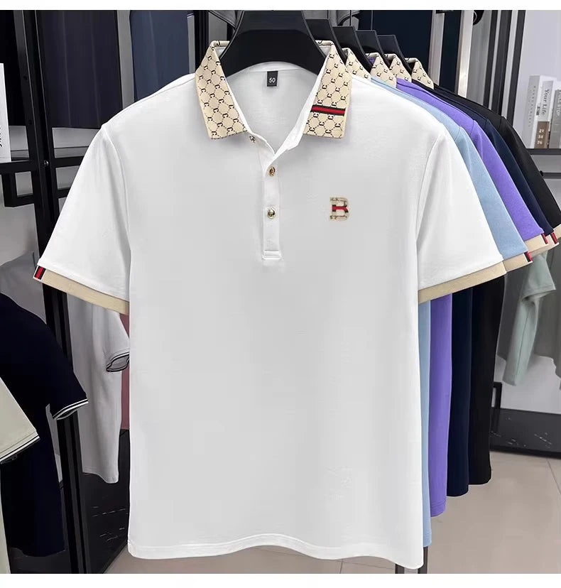 Men's B-Letter Embossed Color-Block Short Sleeve Polo Shirt