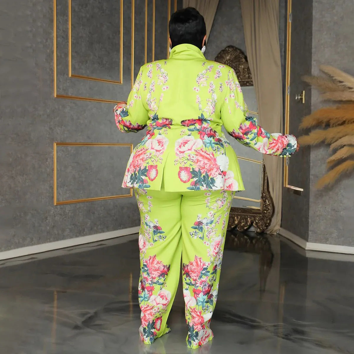 Women's Plus Floral Print Blazer and Wide-Leg Pants Set