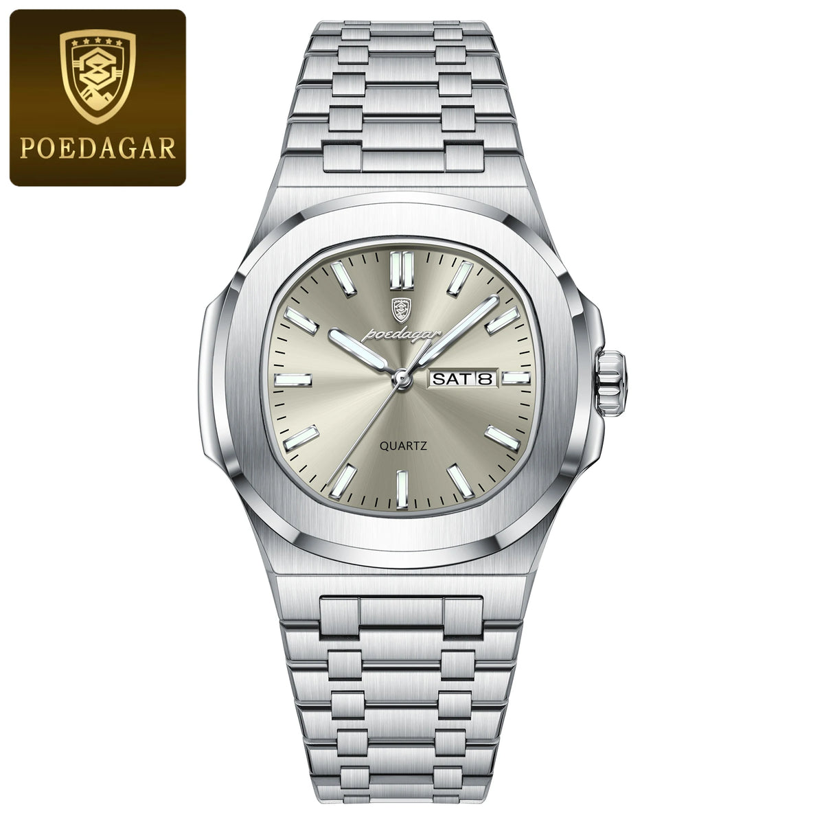 Men's Square Stainless Steel Date Week Quartz Wristwatch