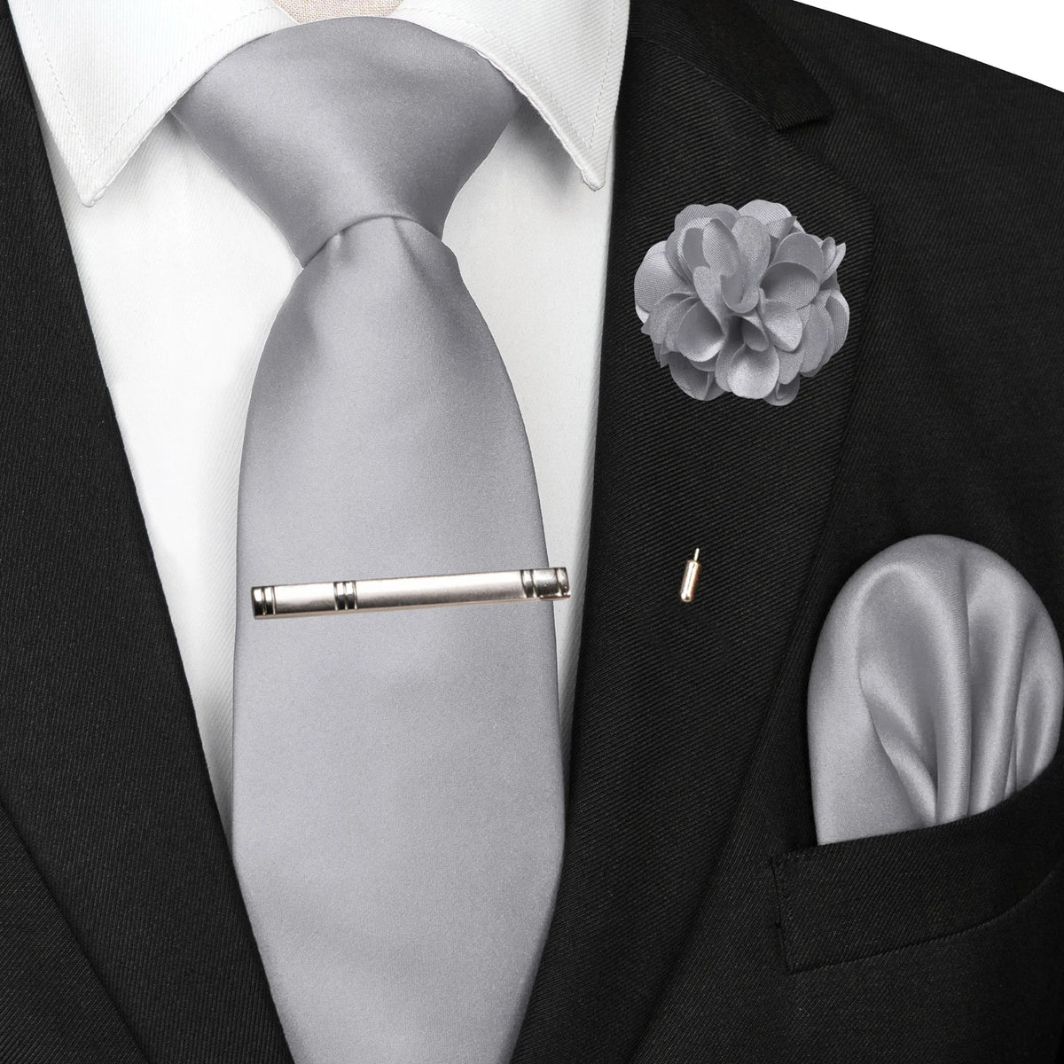 Men's Solid Color Tie Set with Lapel Pin and Pocket Square