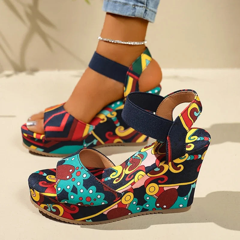 Women's Retro Ethnic Print Platform Wedge Sandals
