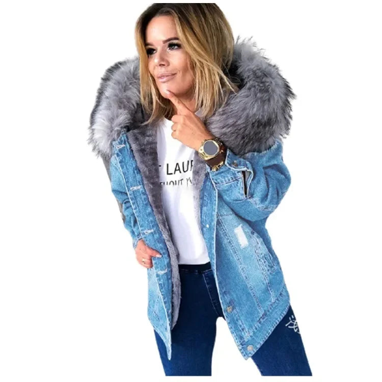 Women's Distressed Fur Collar Denim Jacket