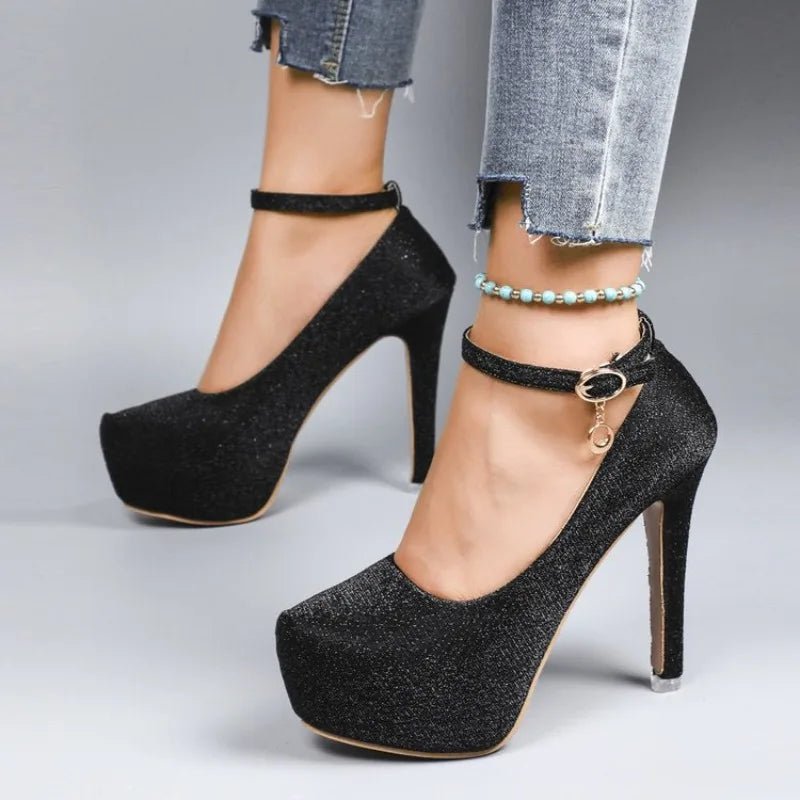 Women's Thin Heel Waterproof Platform Buckle Strap High Heels