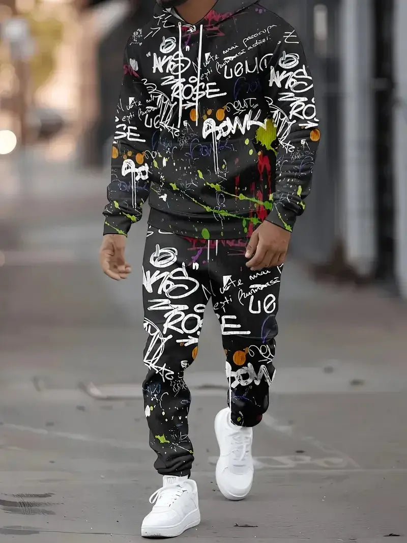 Men's Casual 3D Graffiti Print Hoodie and Pants Set, Spring Autumn