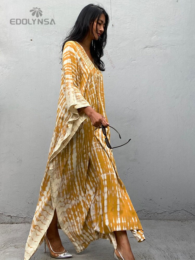 Women's Bohemian Printed V-Neck Batwing Split Maxi Dress