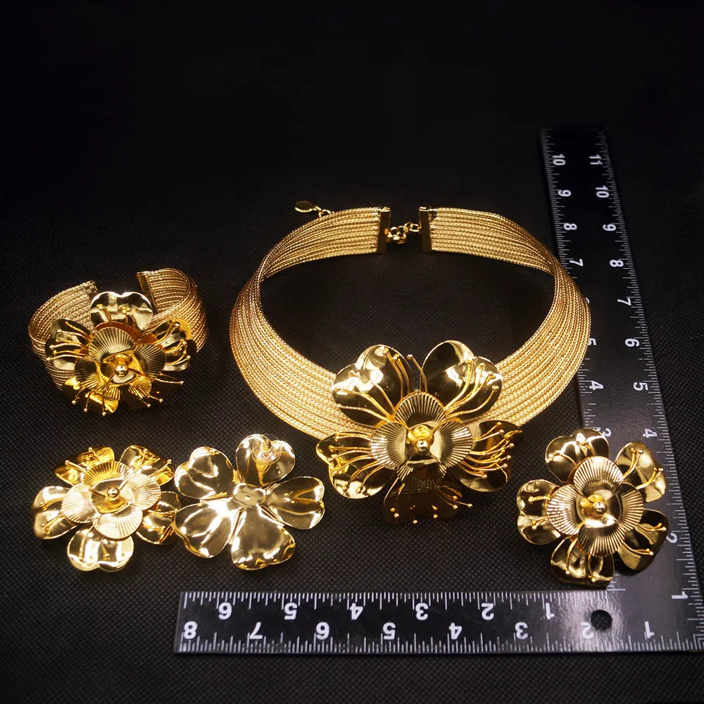 Women's Gold Plated Flower Necklace Earring Set