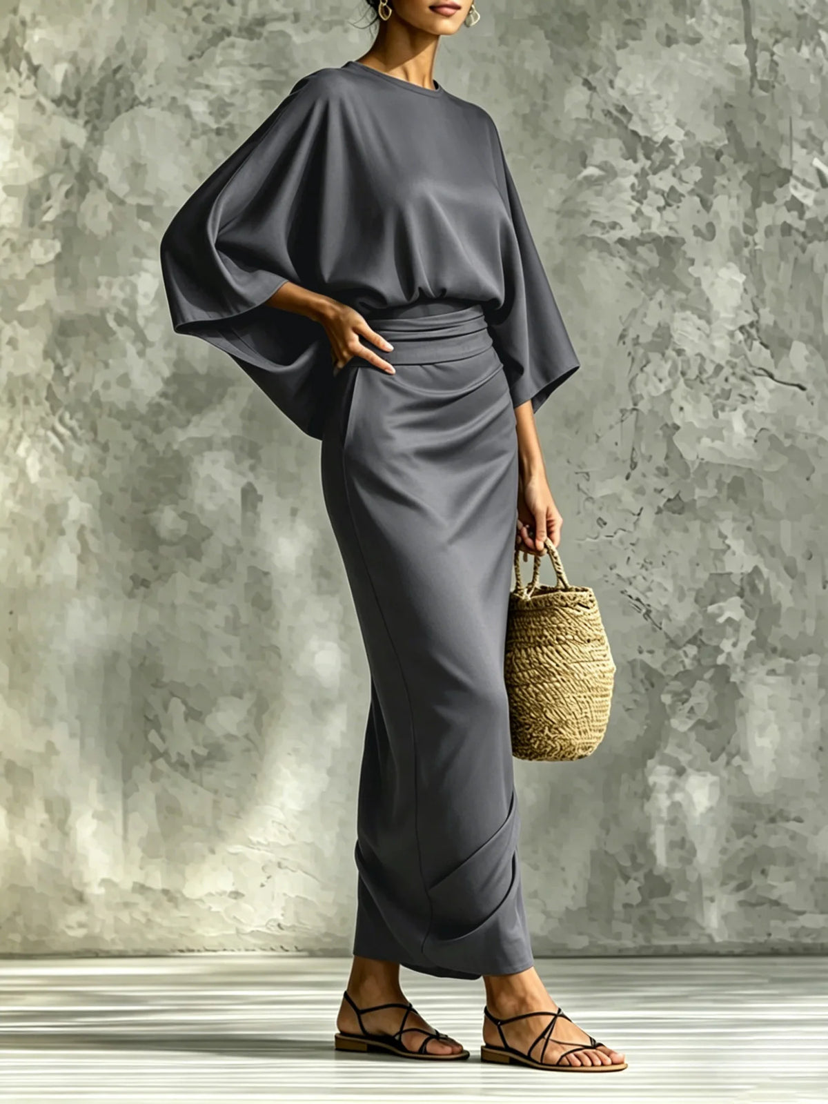 Two-Piece Woman High-Waist Chic Dress Set, Round Neck Three-Quarter Sleeve Short Top and Skirt Set
