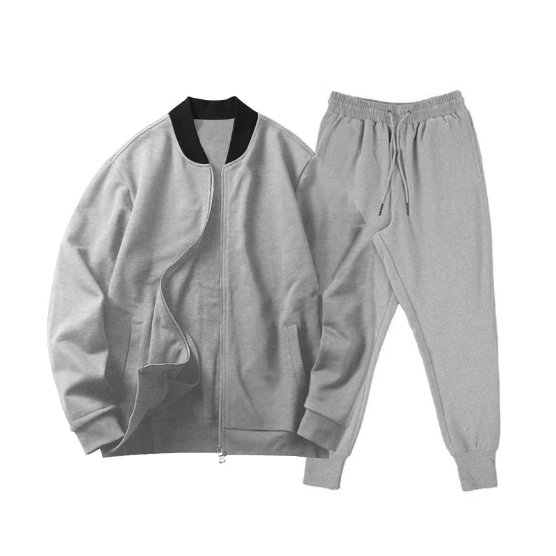 Men's Solid Stand-Collar Zip Jacket and Pants Set