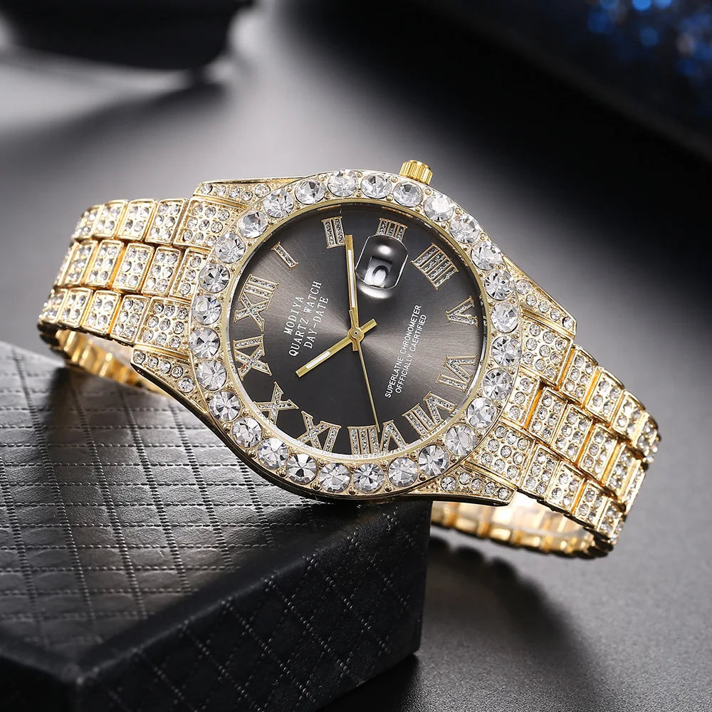 Men's Gold Steel Strap Roman Rhinestone Calendar Quartz Watch