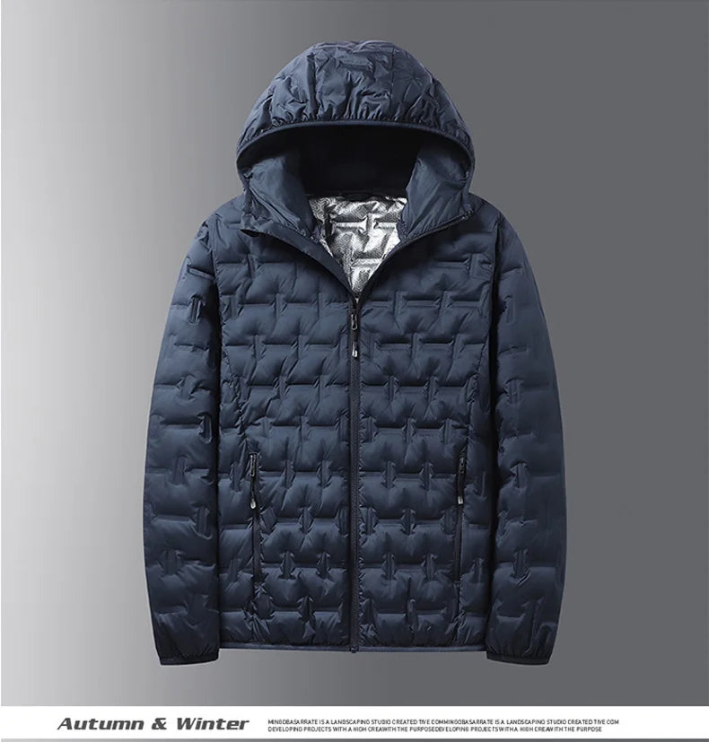 Men's Winter White Graphene Hooded Puffer Jacket, Windproof Down Coat
