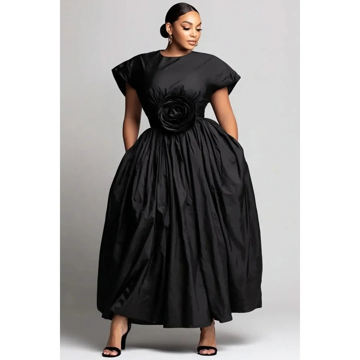Women's Plus-Size Rose Applique Midi Ball Gown with Pockets