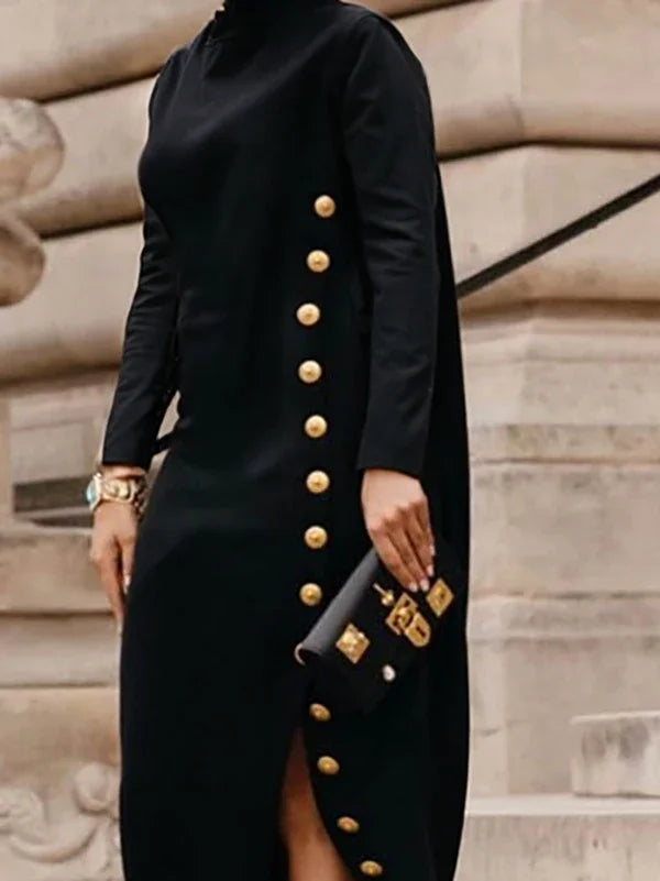 Yeezzi Women's Fashion Buttoned Split-Side High Neck Black Dress New Long Sleeves Loose Urban Office Commute Maxi Dresses