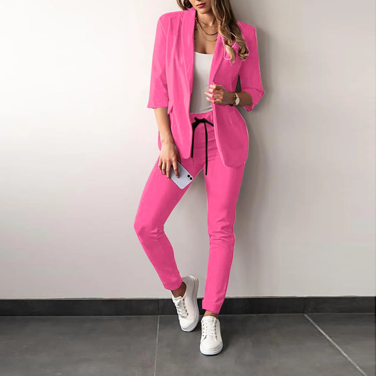 Women's Monochrome Drawstring Elastic-Waist Slit Suit Two-Piece