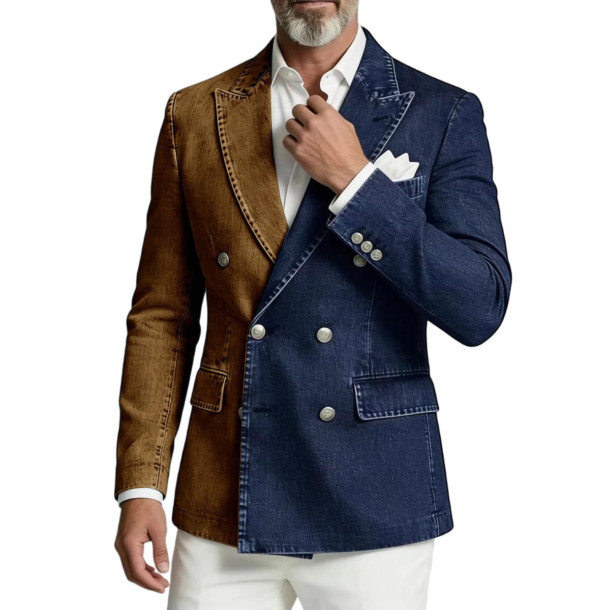 Men's Spliced Denim Peak Lapel Double-Breasted Blazer