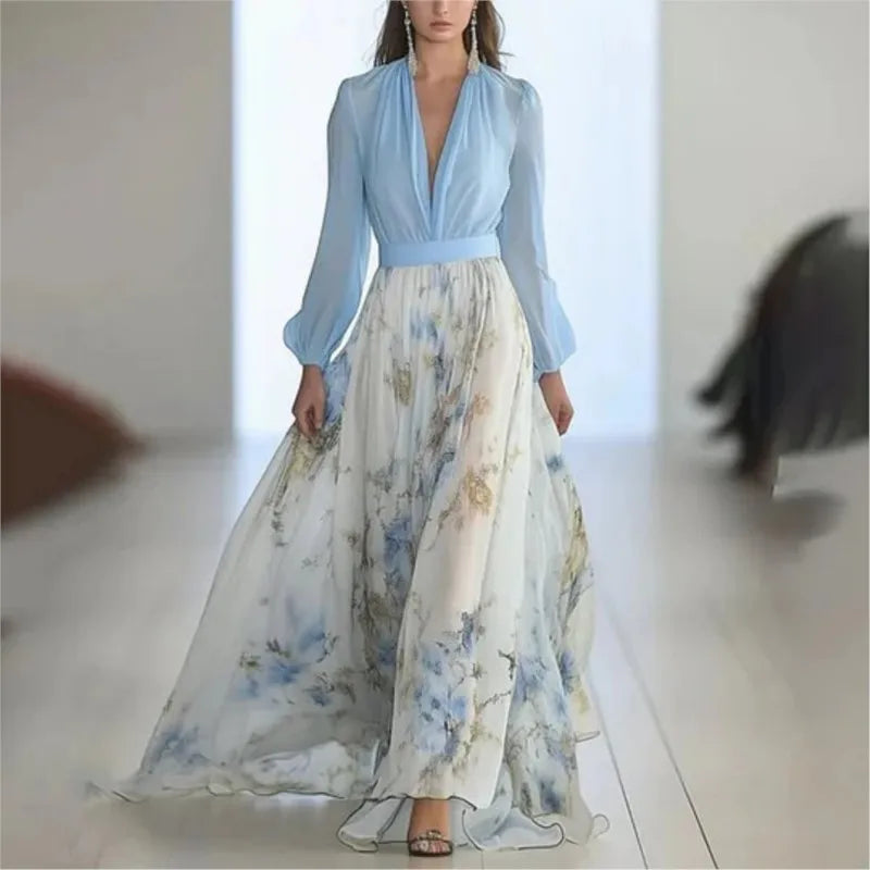 Women's Floral Patchwork Bohemian V-Neck Puff Sleeve Maxi Dress
