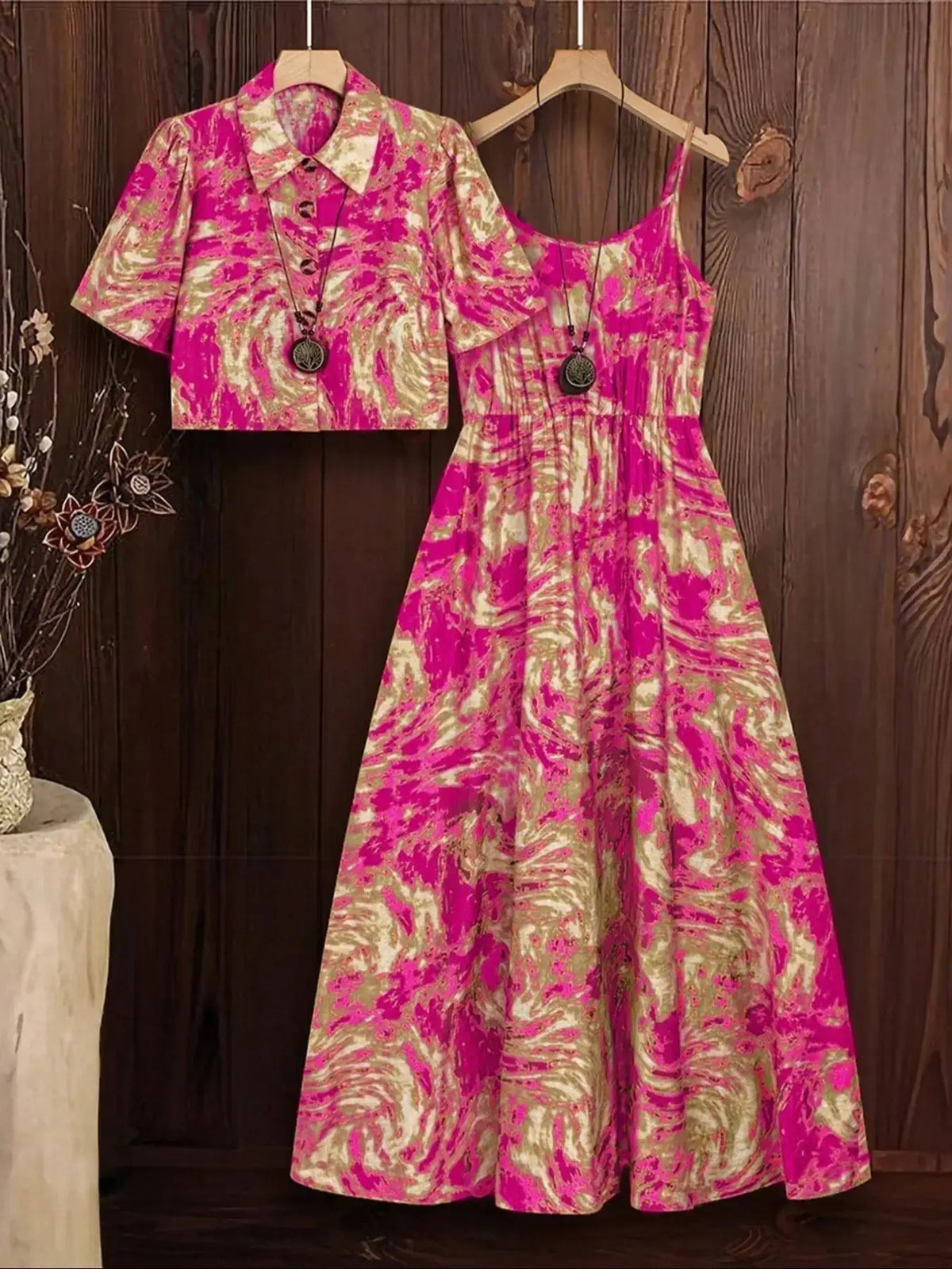 Women's Plus Size Marble Print Tank Dress and Top Set