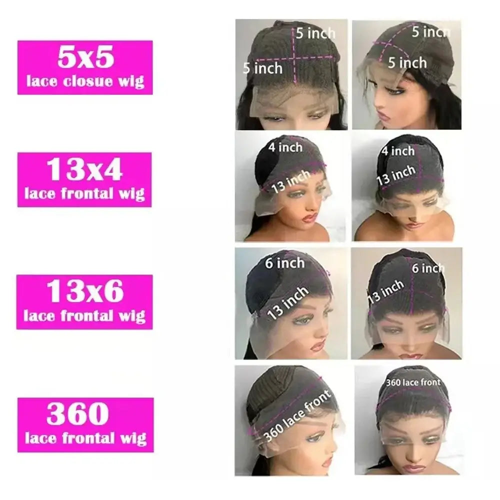 Image showing different lace wig types: 5x5 lace closure wig, 13x4 lace frontal wig, 13x6 lace frontal wig, 360 lace frontal wig.