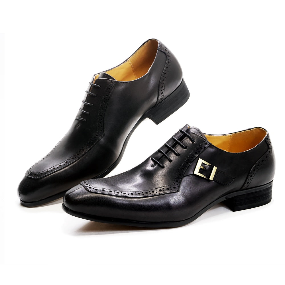 Men's Brown Black Leather Lace-Up Buckle Pointed Oxford Dress Shoes
