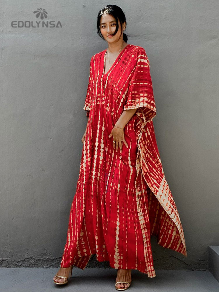 Women's Bohemian Printed V-Neck Batwing Split Maxi Dress