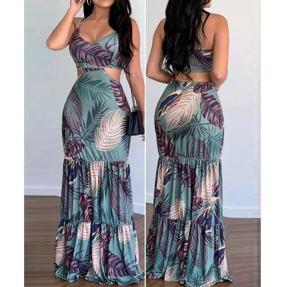 Women's Floral V-Neck Spaghetti-Strap Bodycon Maxi Pencil Dress